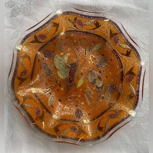 Vtg Embossed Glass Pheasants Ruffled Edge Bowl Candy Trinket Dish Orange Gold 7”